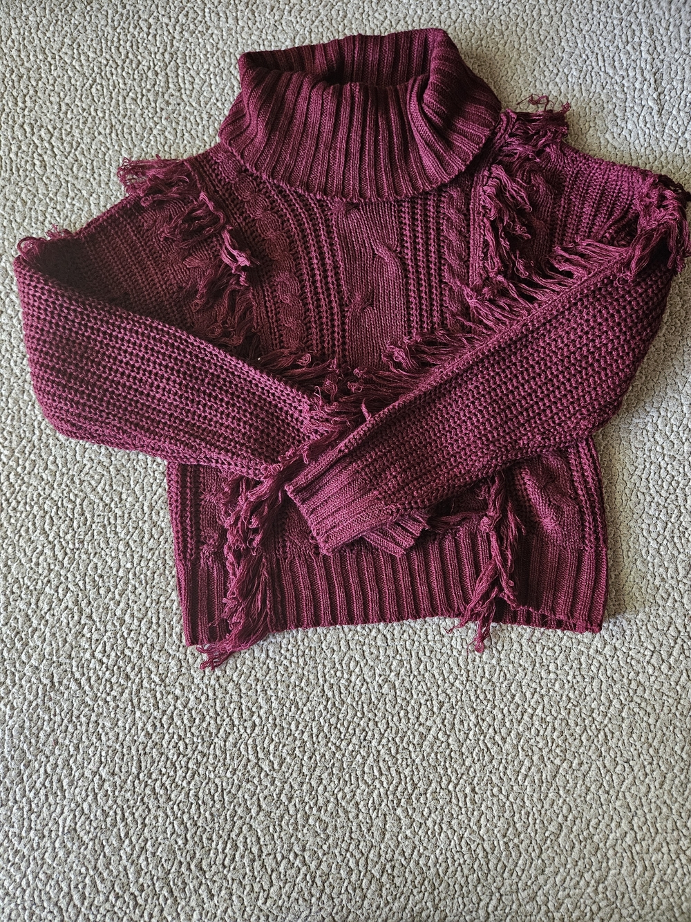 Frayed-Trim Cowl Neck Sweater in Wine